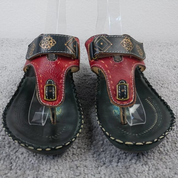 Corkys Elite Sandals Womens 8 Shoes Wolff Island Leather Thong Black Red - Picture 5 of 10